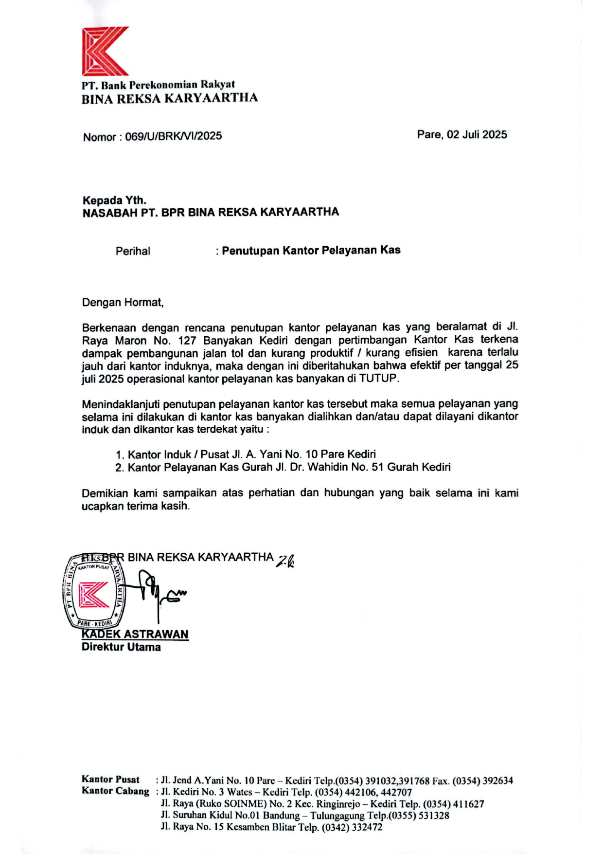 Pengumuman Penutupan Kantor Kas Banyakan