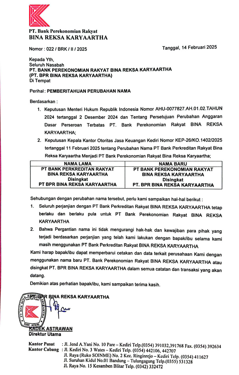 Perubahan Nama PT. BPR Bina Reksa Karyaartha